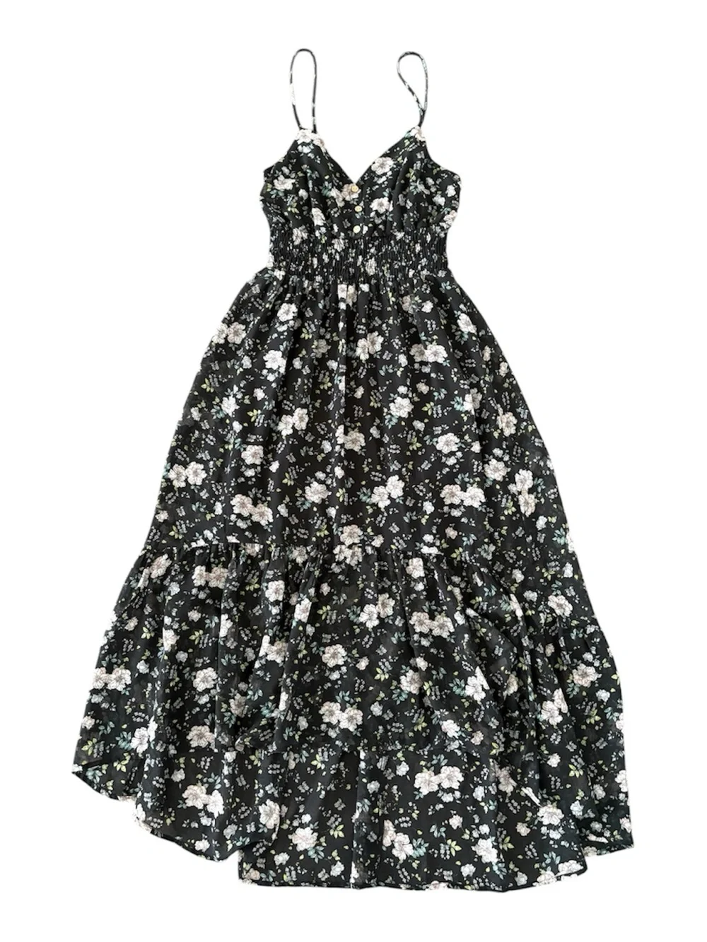 Sweet Storm Black Floral High-Low Tiered Boho Flowy Midi / Maxi Dress Medium - Picture 6 of 8